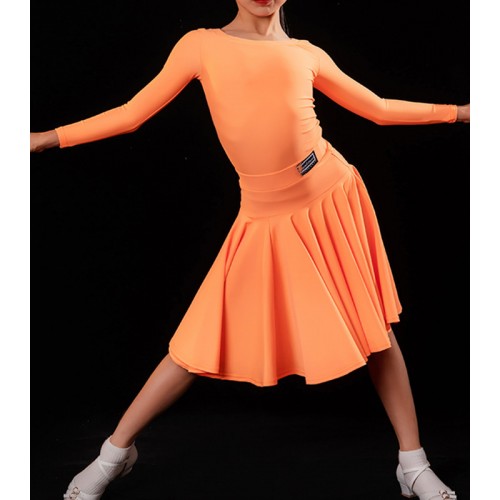 Girls children turquoise bleu orange color ballroom latin dance dress competition modern long sleeves ballroom latin dance outfits for kids 